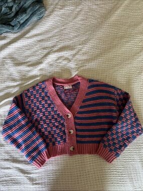 Teen/Girl’s Cropped Pink and Blue Knit Cardigan Sweater